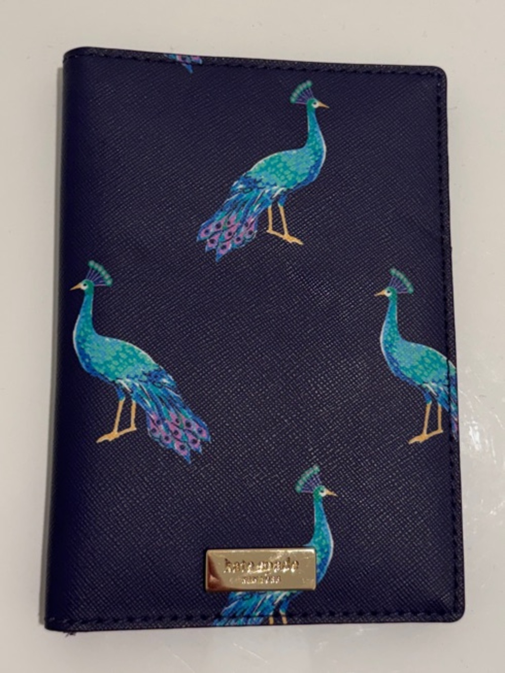kate spade navy card & passport holder with teal peacock print